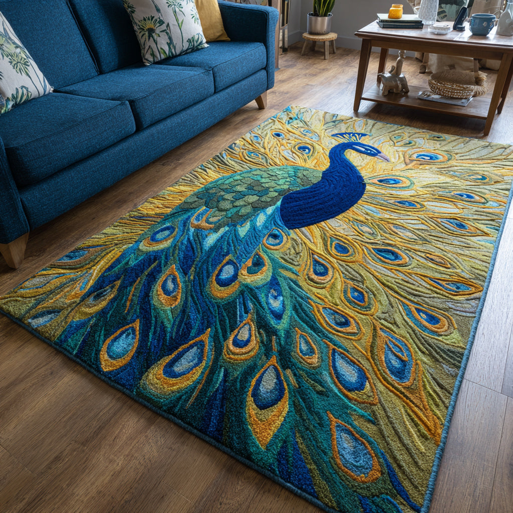 Peacock Display Art area rug in a living room