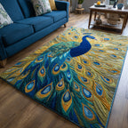 Peacock Display Art area rug in a living room