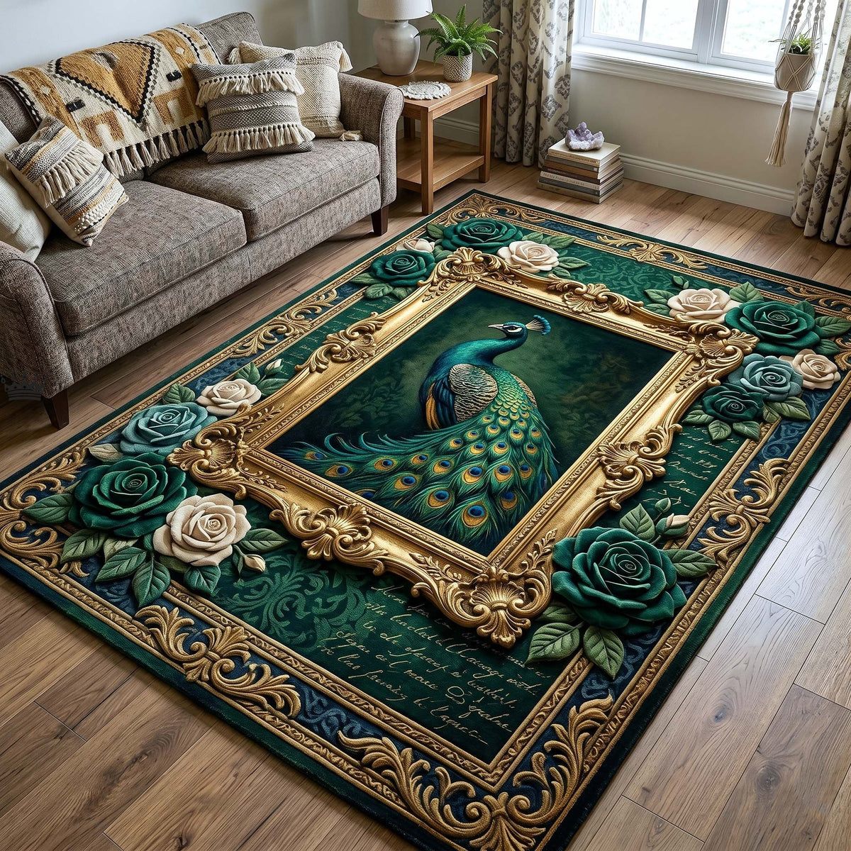 Peacock Majesty area rug in a living room