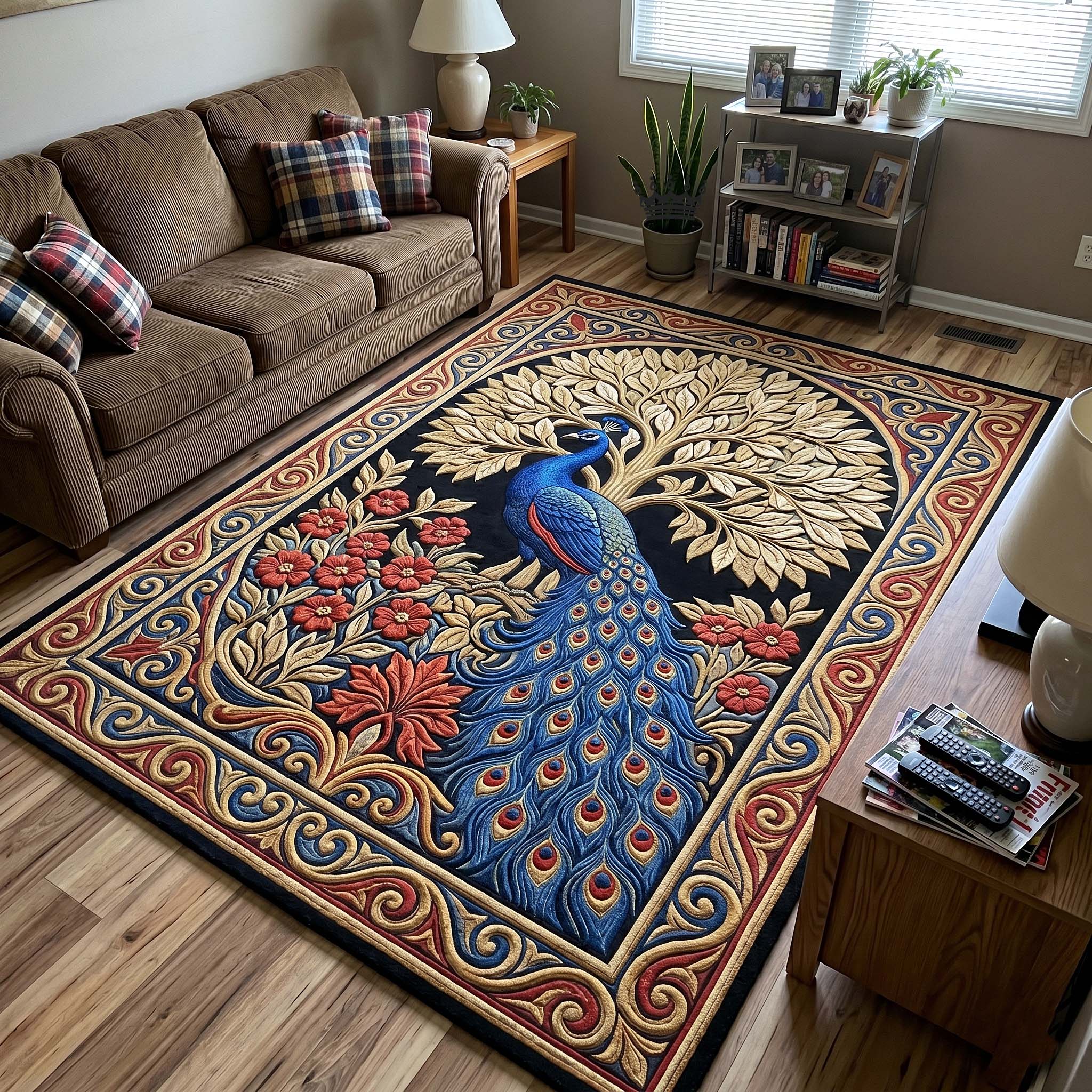 Peacock Majesty area rug in a living room