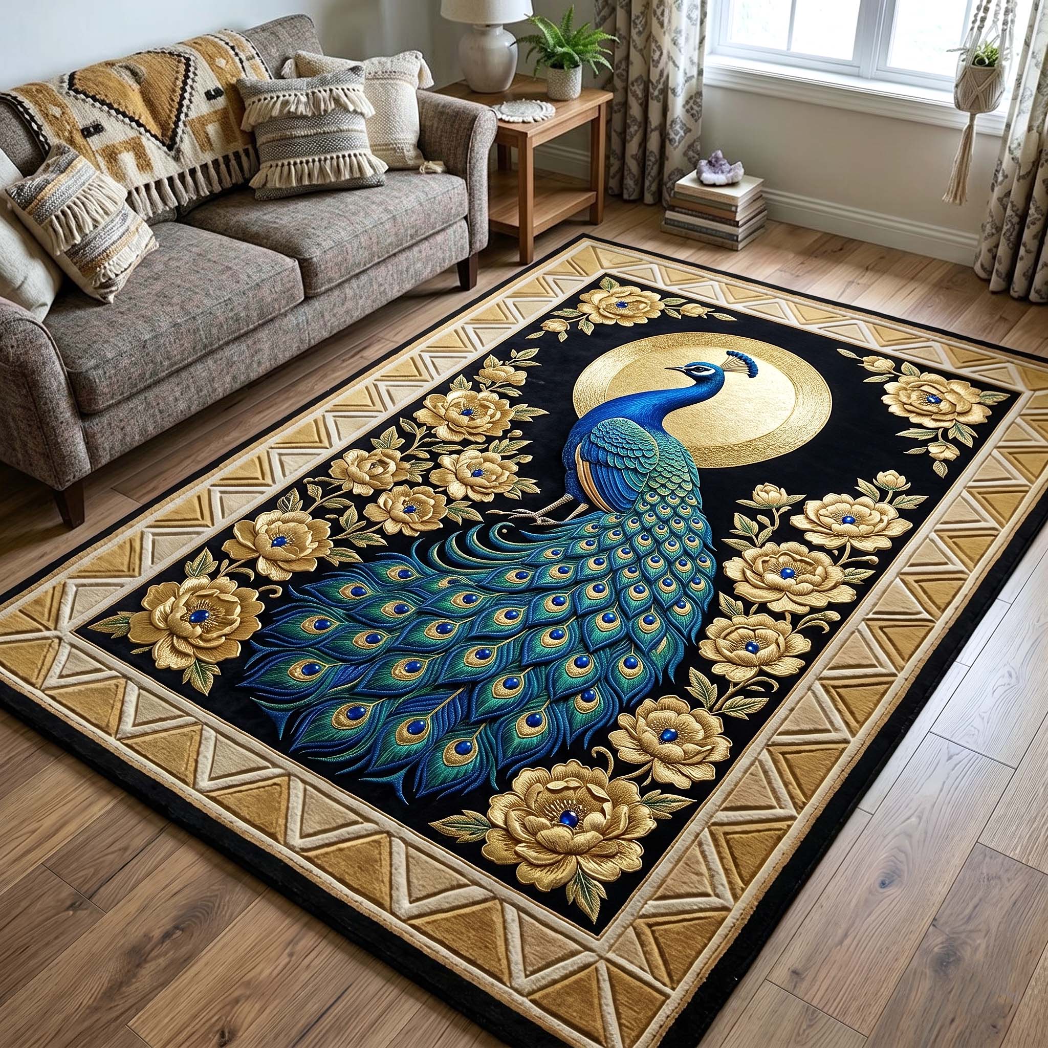 Peacock Majesty area rug in a living room