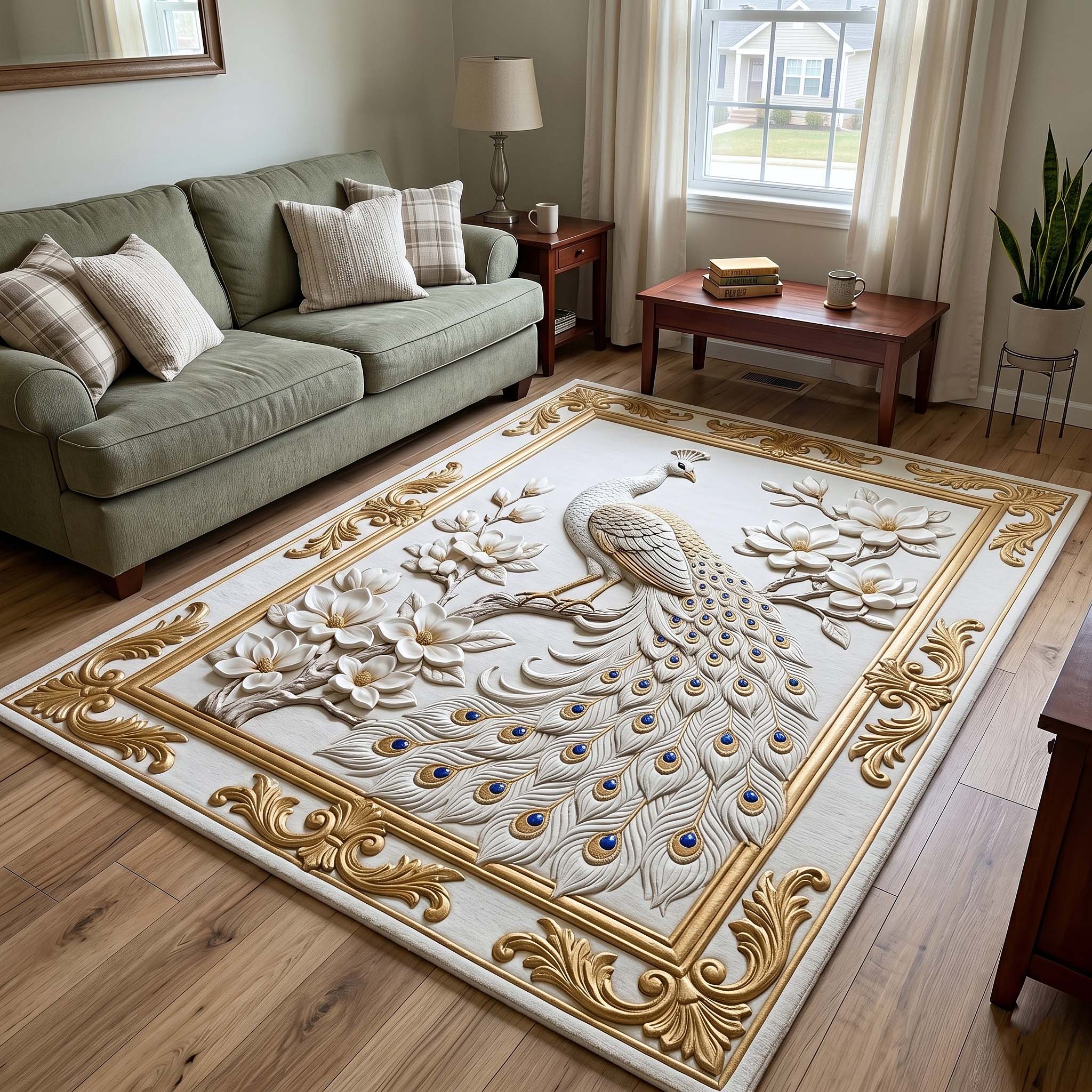 Peacock Majesty area rug in a living room
