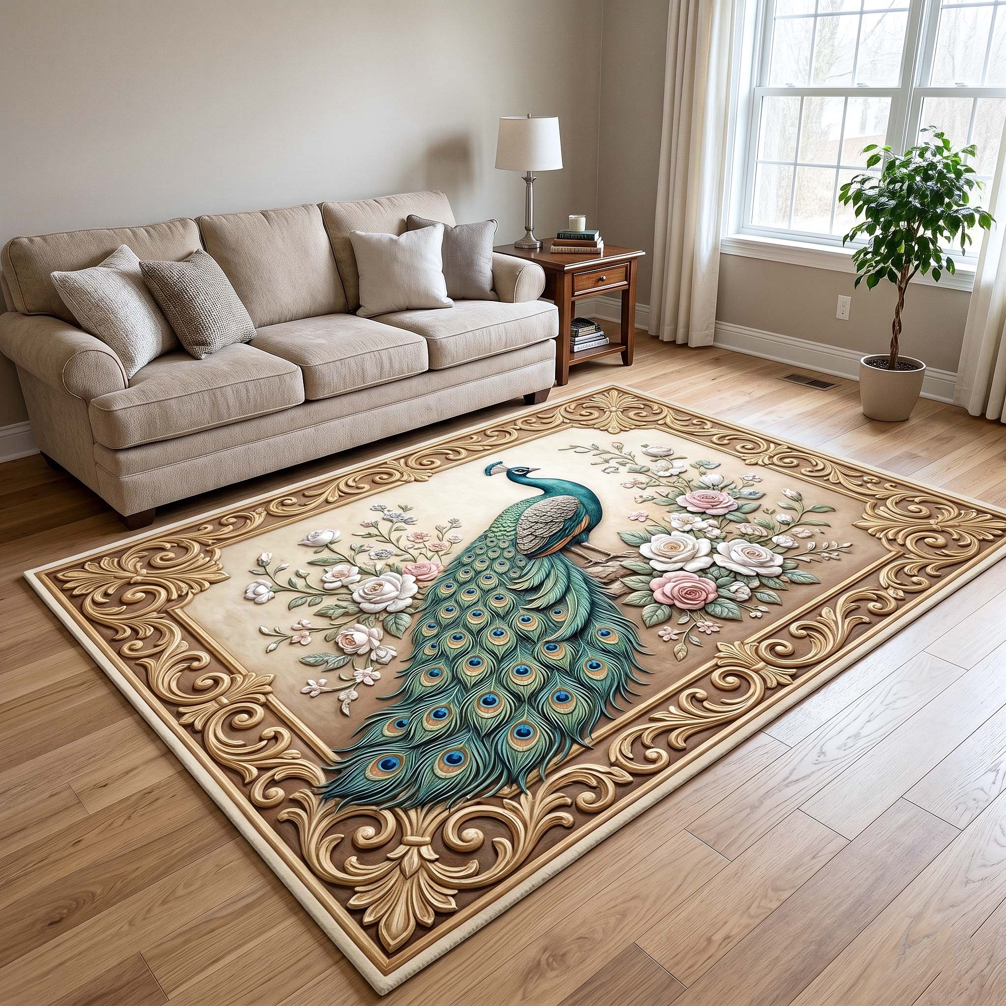 Peacock Majesty area rug in a living room