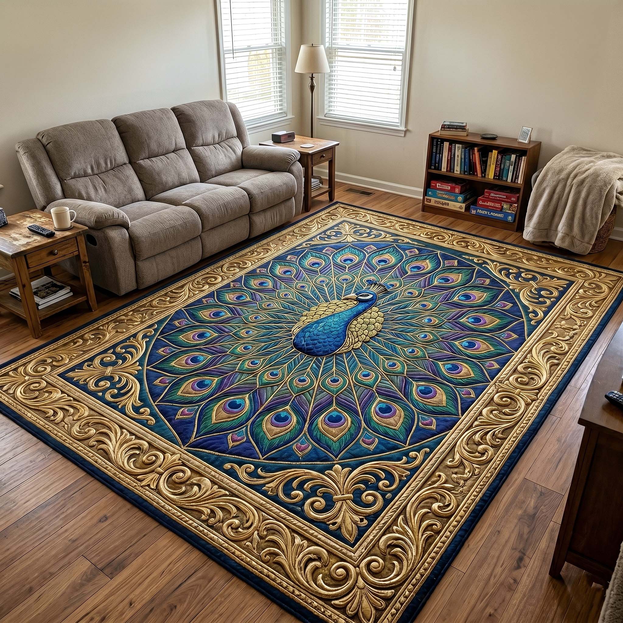 Peacock Majesty area rug in a living room