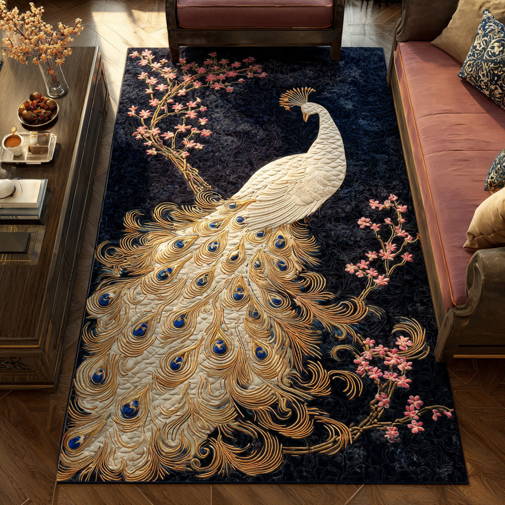 Peacock Night Blossom area rug in a living room