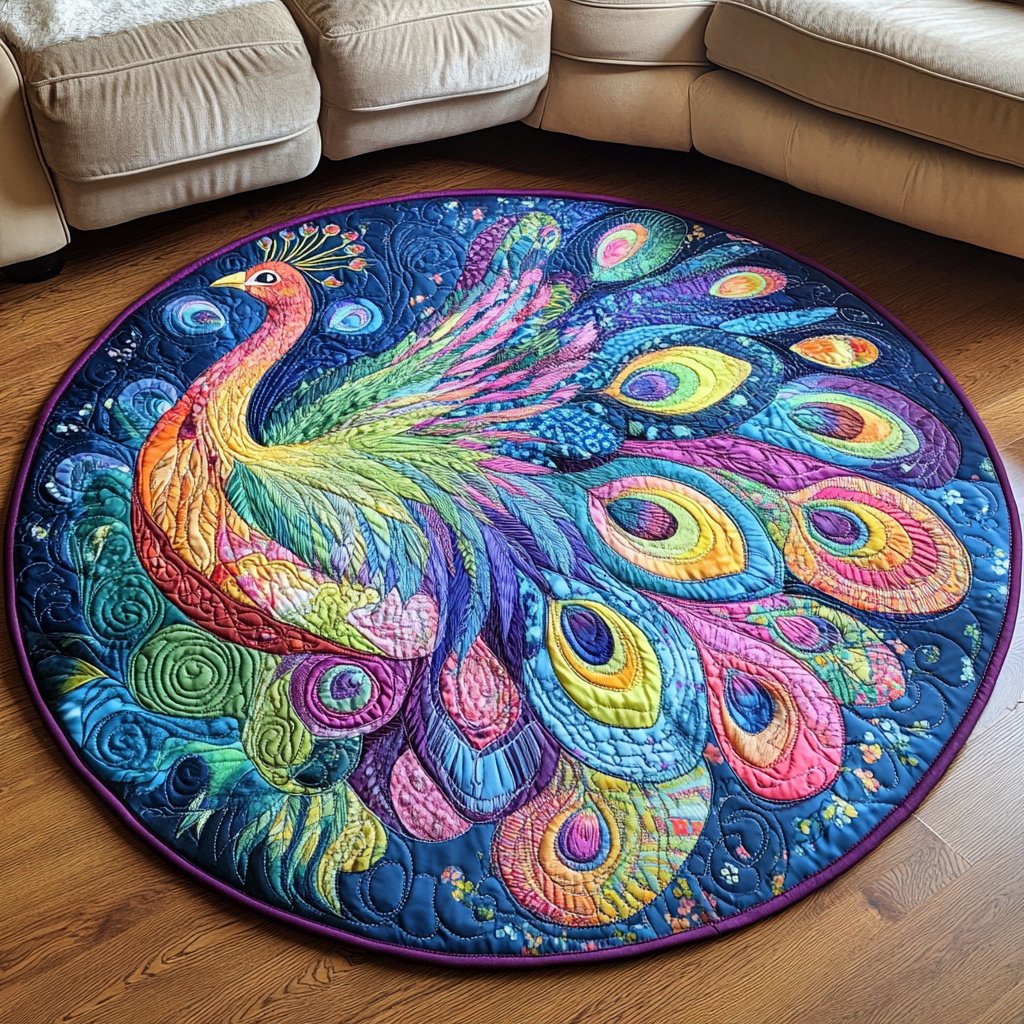 Peacock Paradise (Design 2) Round Mat Rug - washable non-slip printed rug