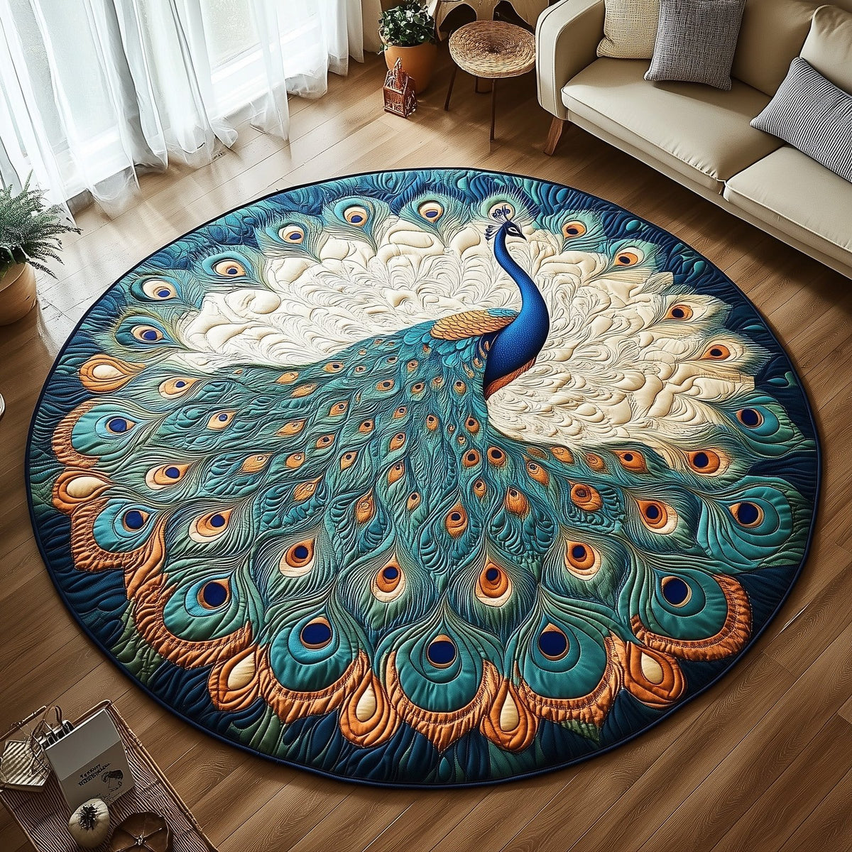 Peacock Round Mat Rug - washable non-slip printed rug