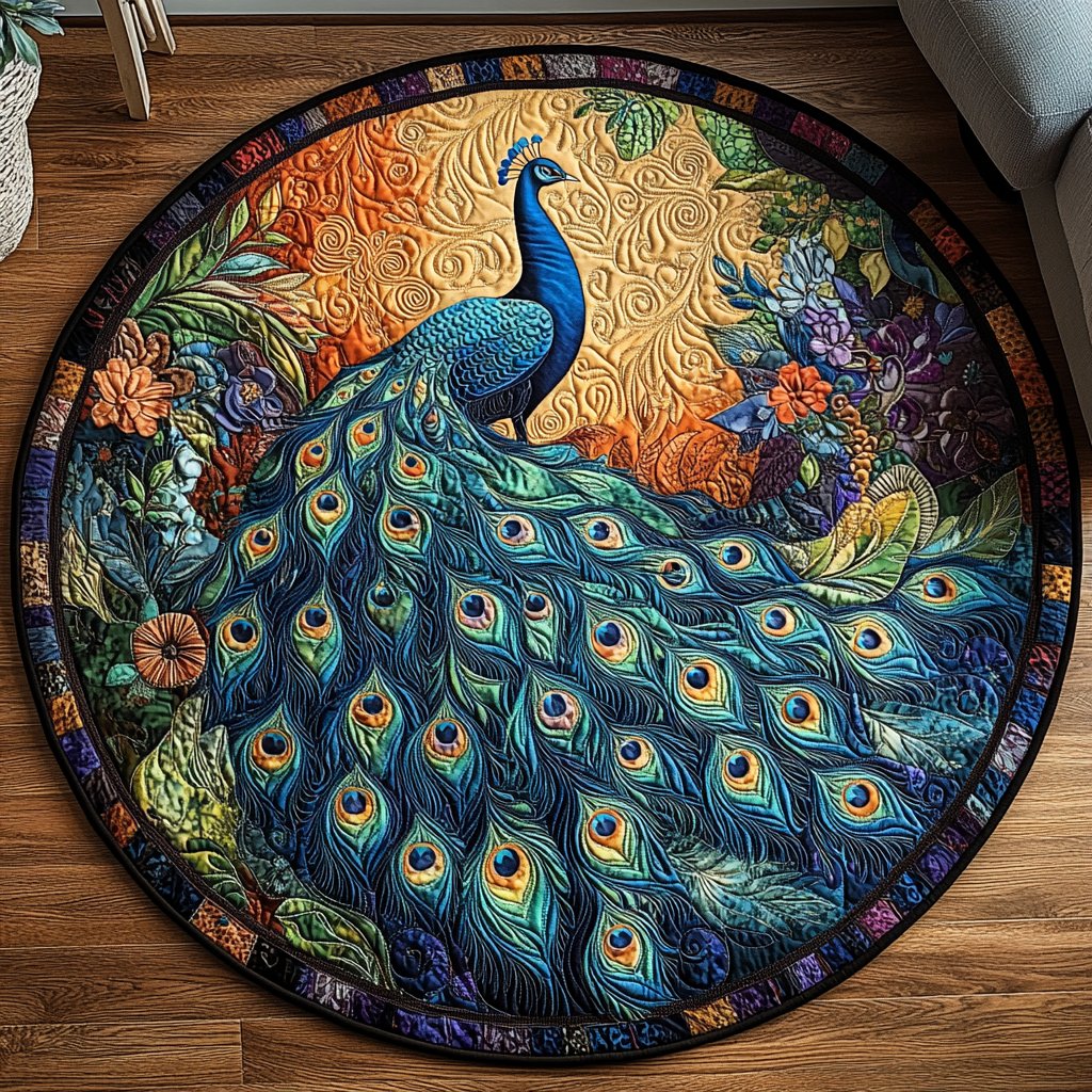 Peacock Radiance Round Mat Rug - washable non-slip printed rug