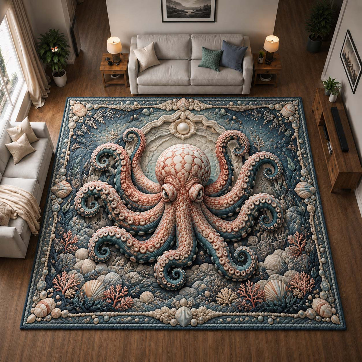 Pearl Reef Octopus area rug in a living room