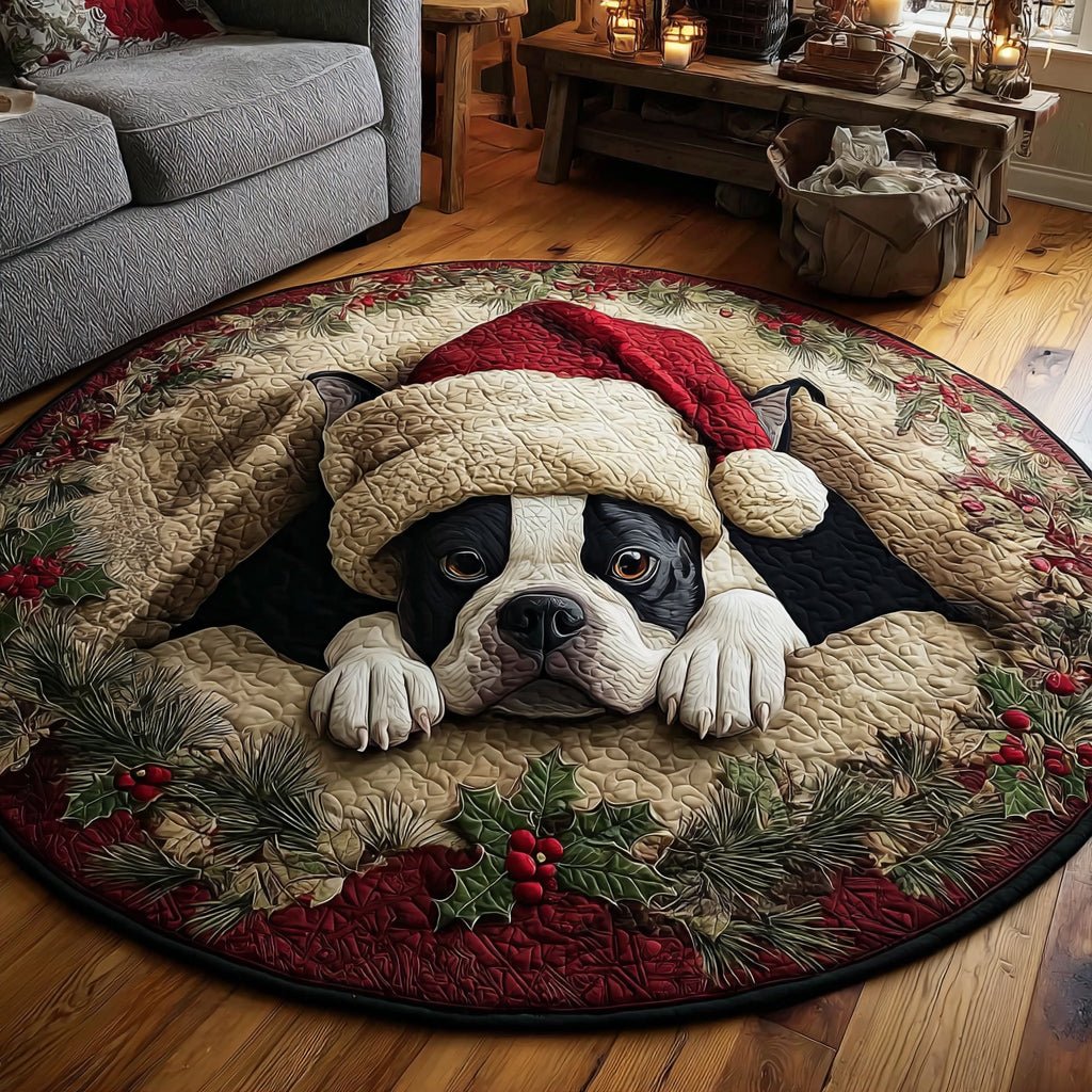 Peeking Boston Terrier Round Mat Rug - washable non-slip printed rug