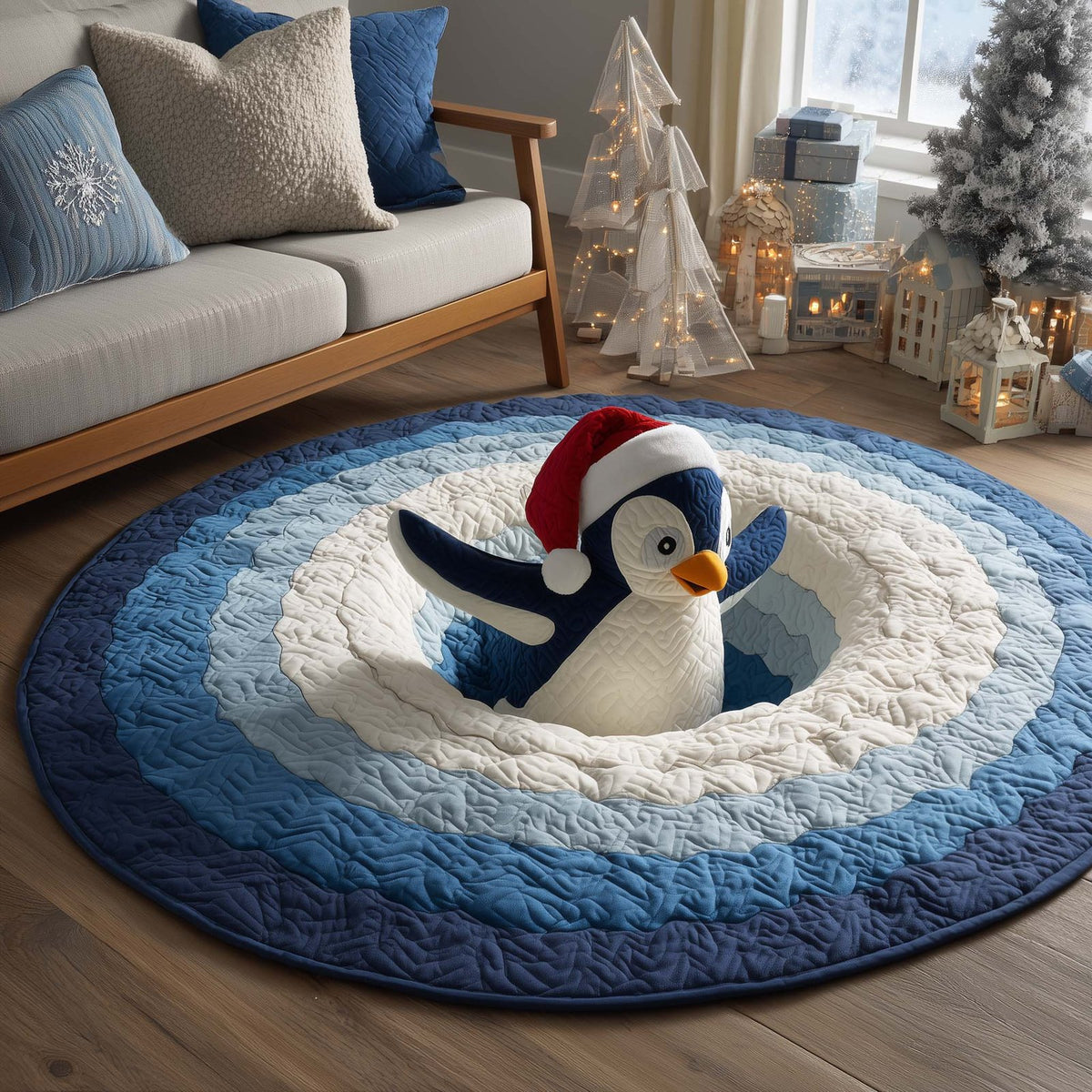 Penguin Slip Round Mat Rug - washable non-slip printed rug