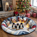 Penguin Snow Journey Round Mat Rug - washable non-slip printed rug