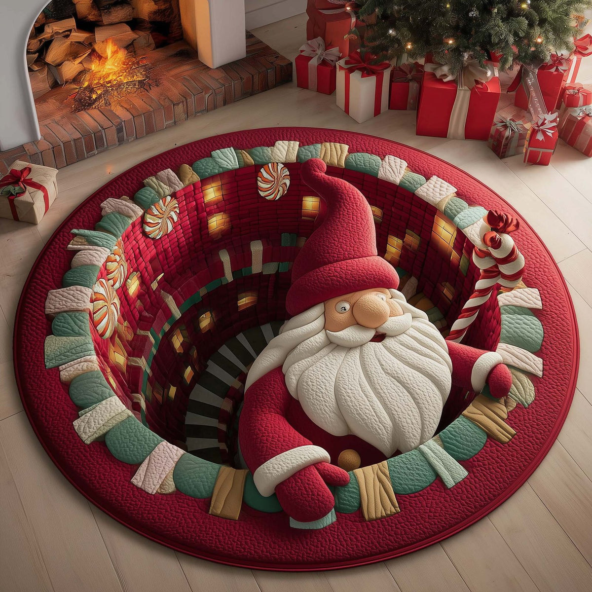Peppermint Gnome Round Mat Rug - washable non-slip printed rug