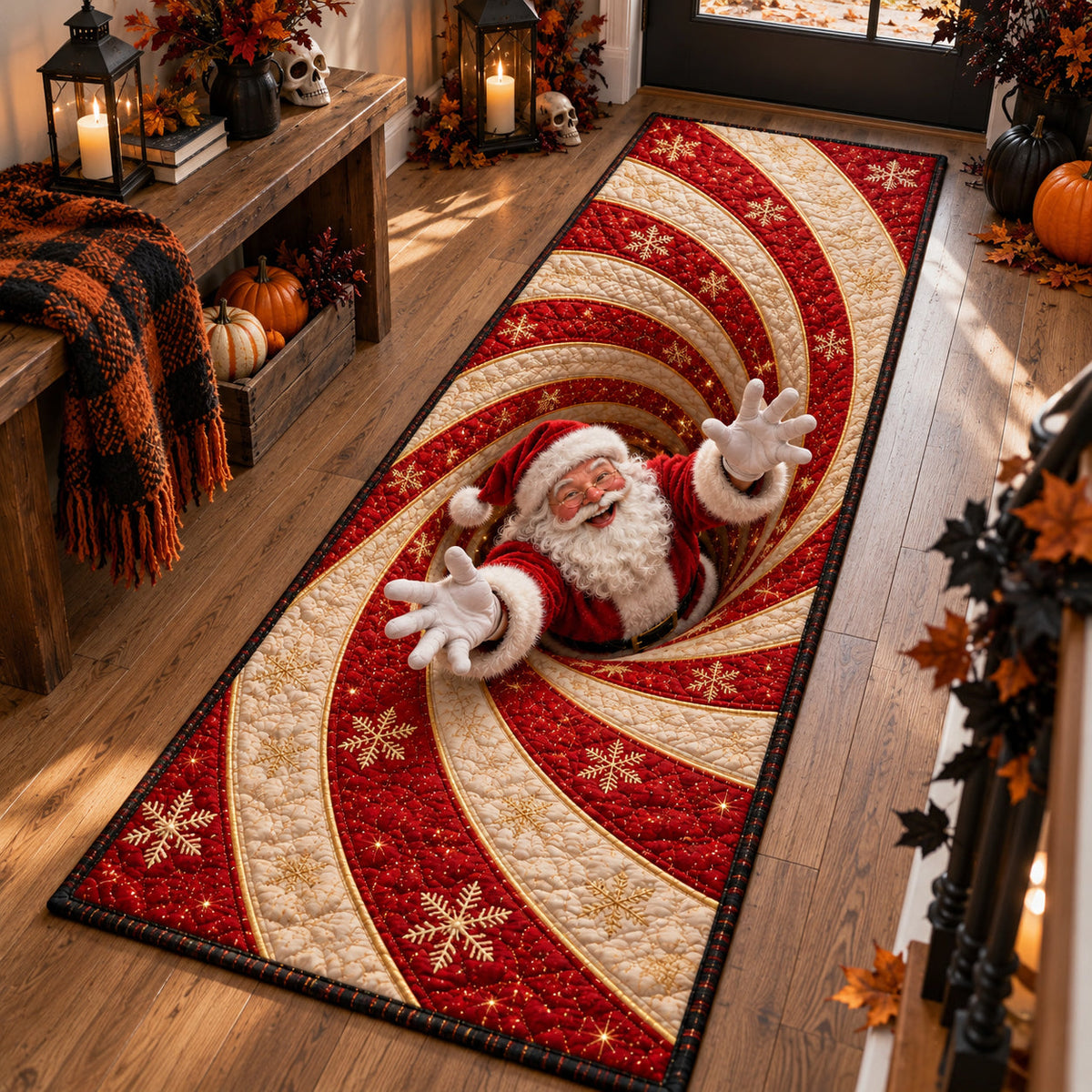 Peppermint Santa Surprise Runner Rug - Seasonal Design | Festive Runner Rug - washable non-slip printed rug