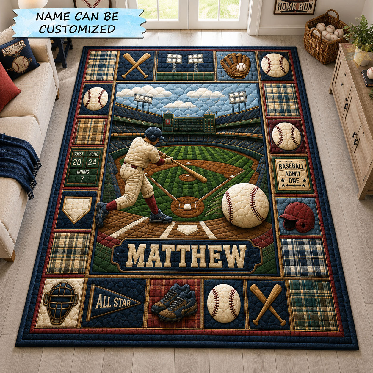Personalized Baseball Grand Slam Area Rug QTCUZ  C3 area rug in a living room