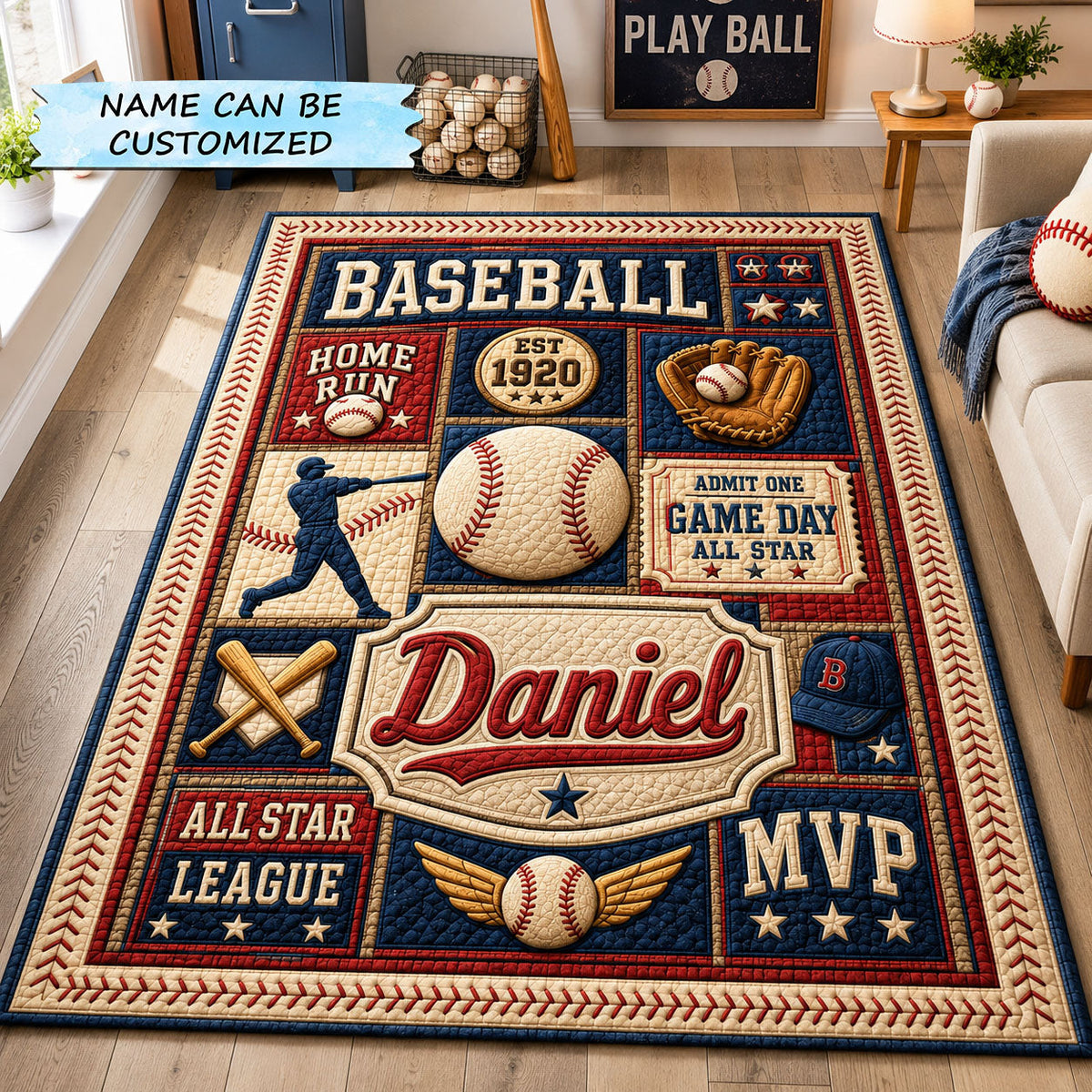 Personalized Baseball League Area Rug QTCUZ area rug in a living room
