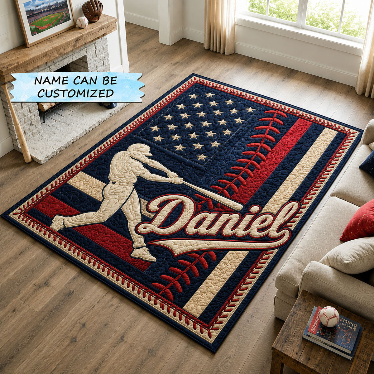 Personalized Baseball Patriotic Area Rug QTCUZ area rug in a living room