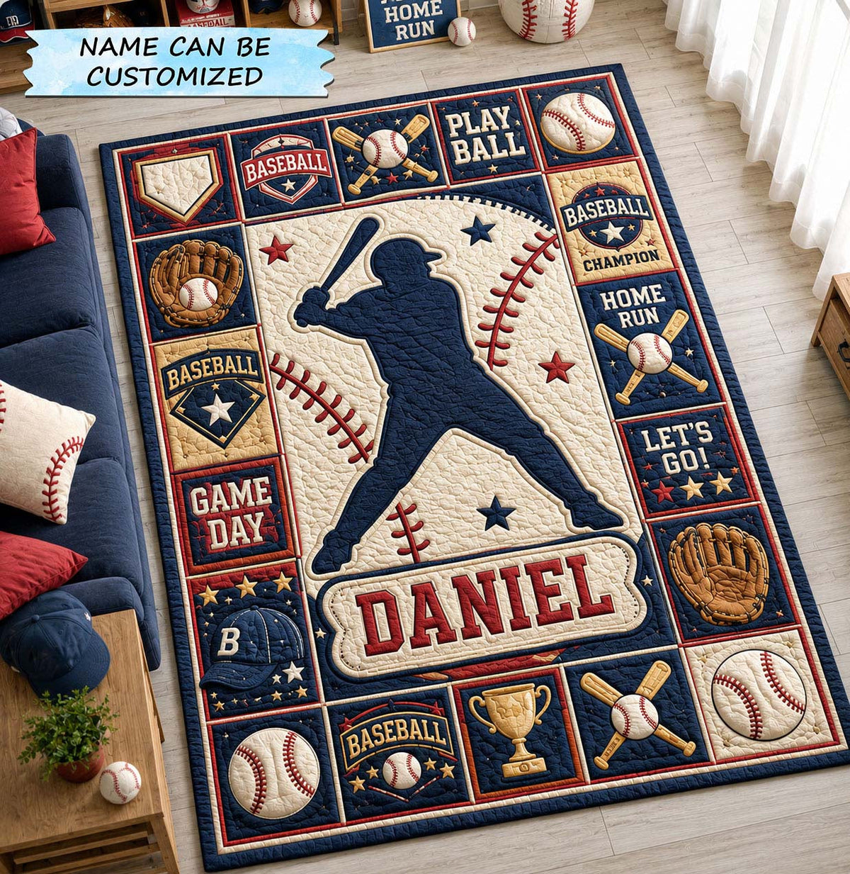 Personalized Baseball Slugger Area Rug QTCUZ area rug in a living room