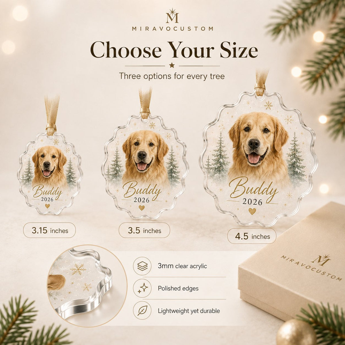 Ornament size chart: 3.15, 3.5 and 4.5 inches, 3mm clear acrylic