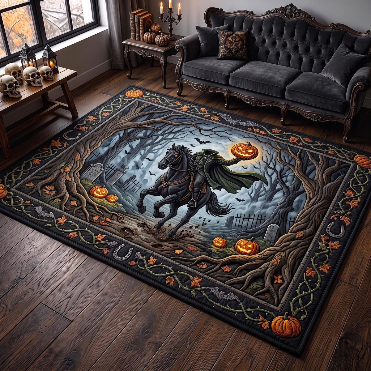 Phantom Rider area rug in a living room
