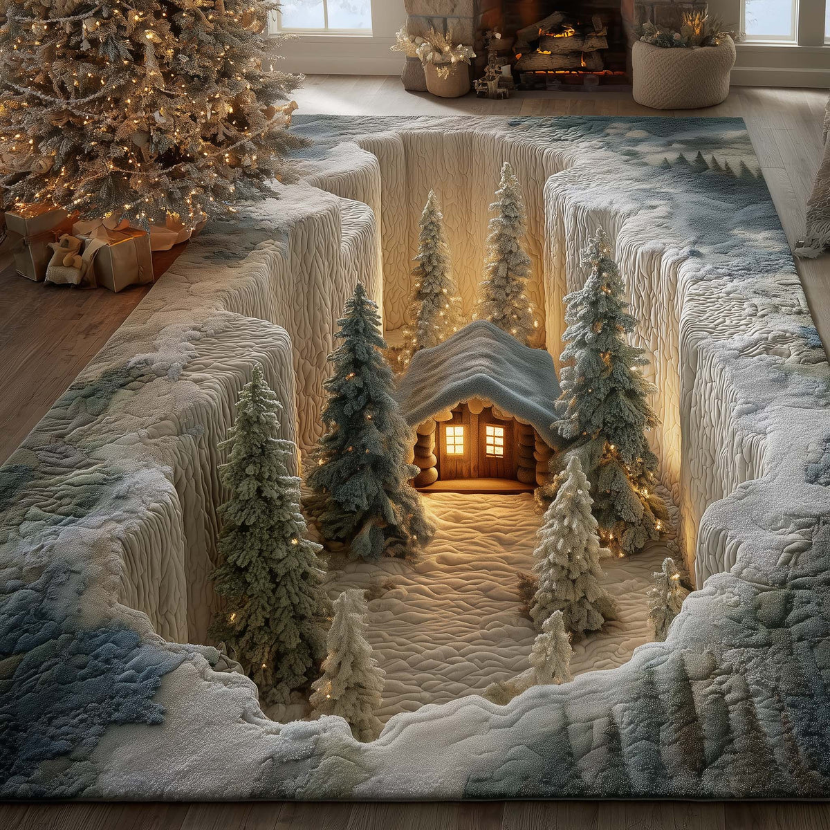 Pine Christmas area rug in a living room