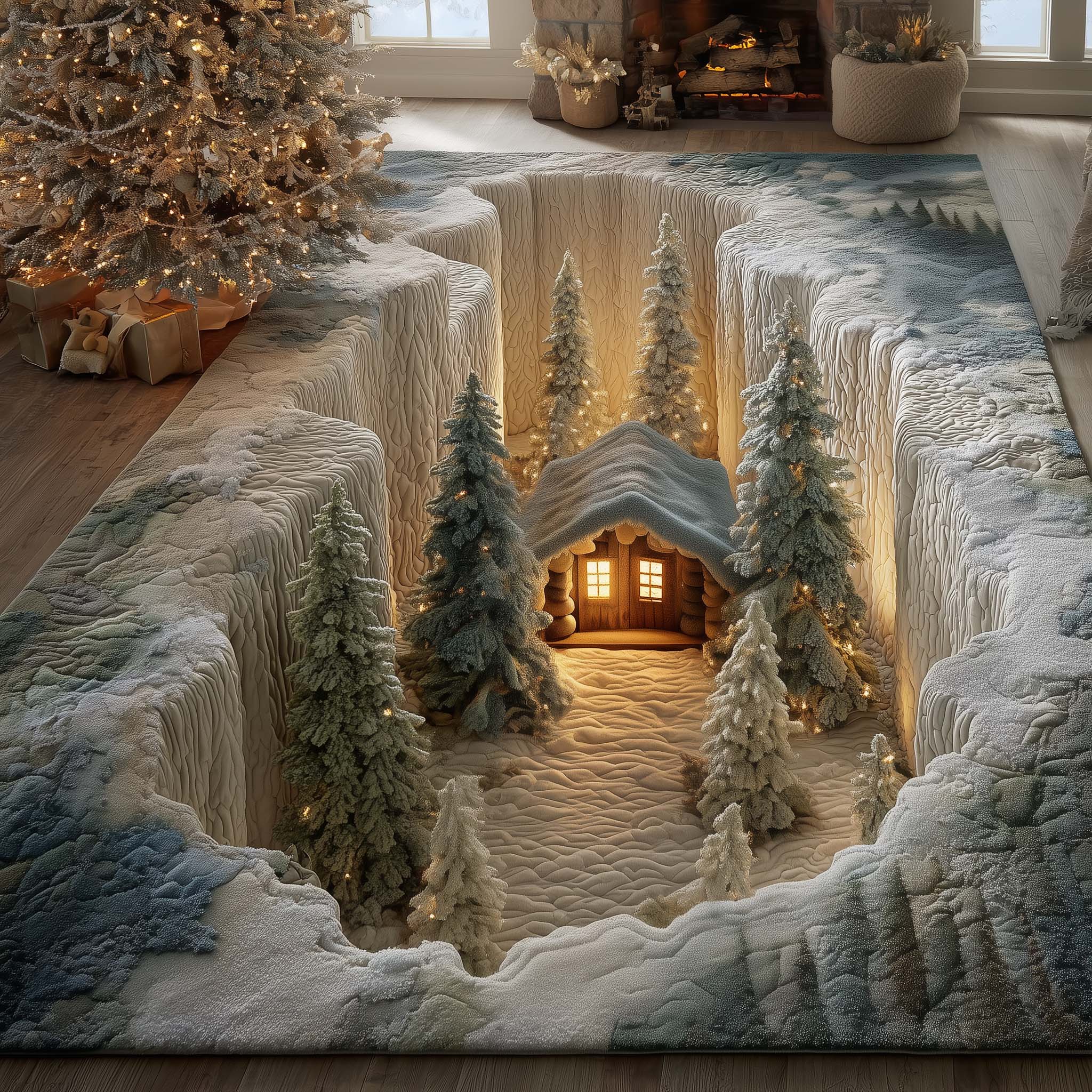 Pine Christmas area rug in a living room