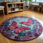 Pink Butterfly Swirls Round Mat Rug - washable non-slip printed rug