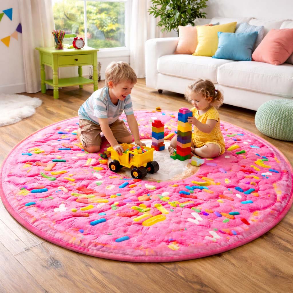 Pink Donut Fun Round Mat Rug - washable non-slip printed rug