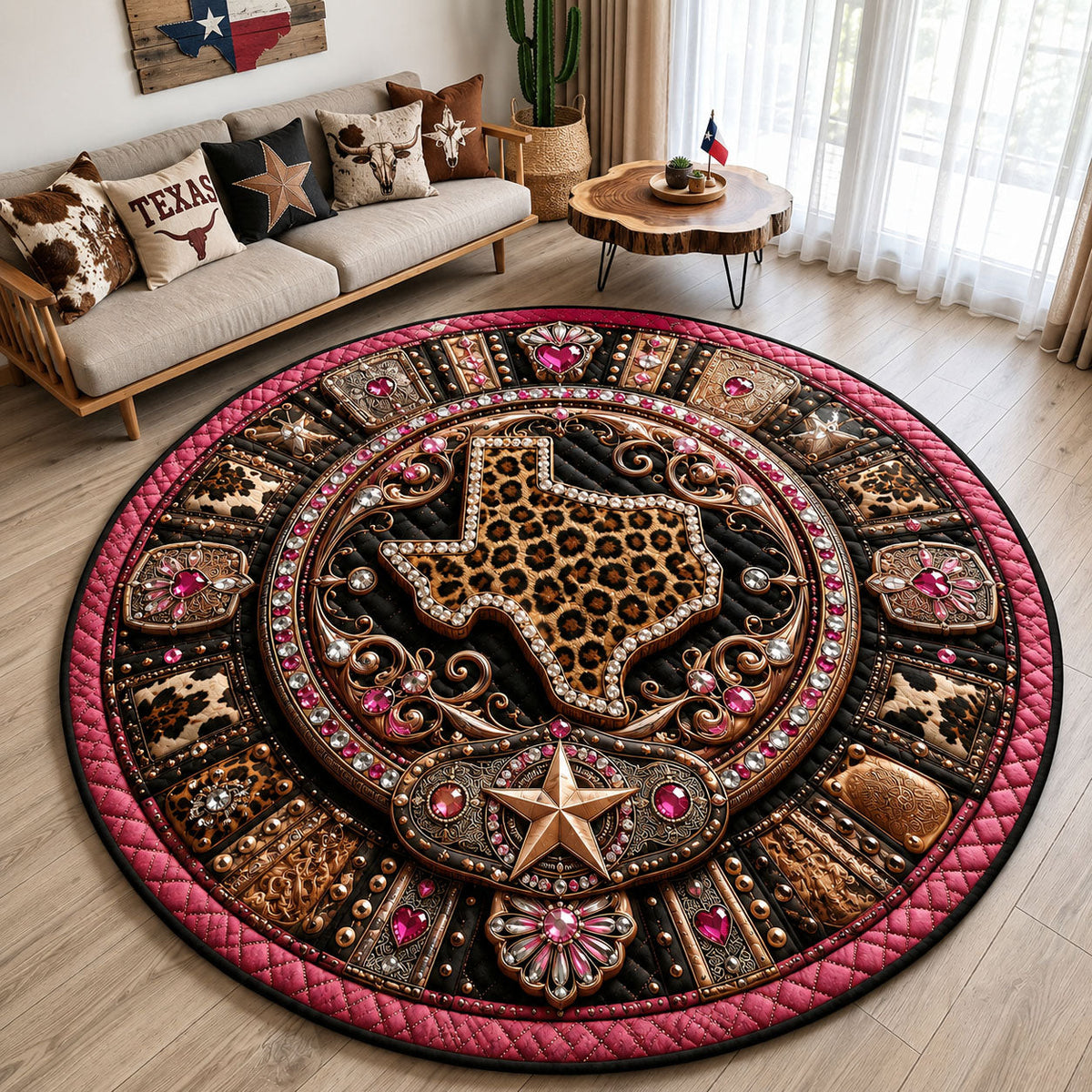 Pink Leopard Texas Round Mat Rug - Nature Design | Serene Home Decor - washable non-slip printed rug
