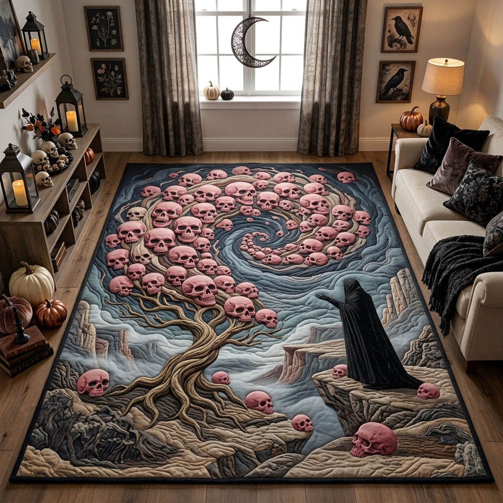Pink Skull Tree area rug in a living room
