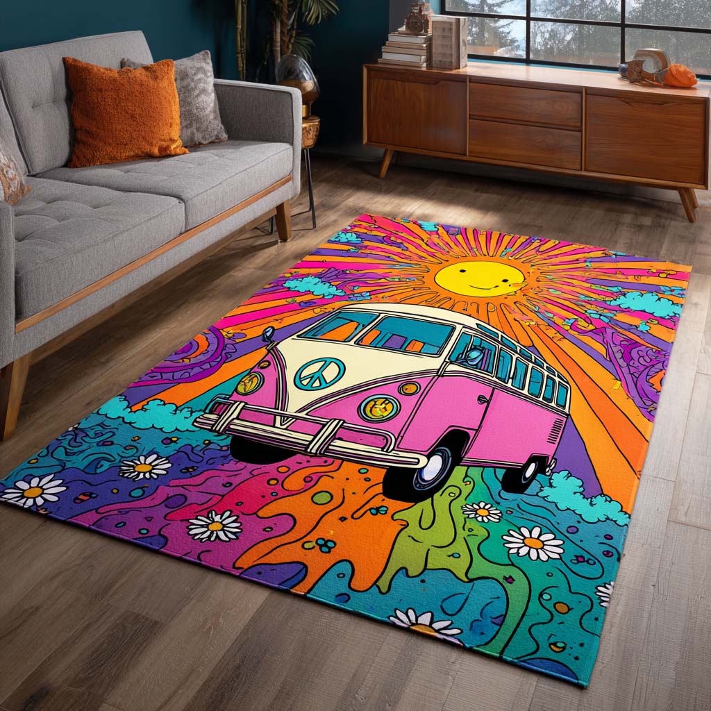 Pink Van Sunshine area rug in a living room