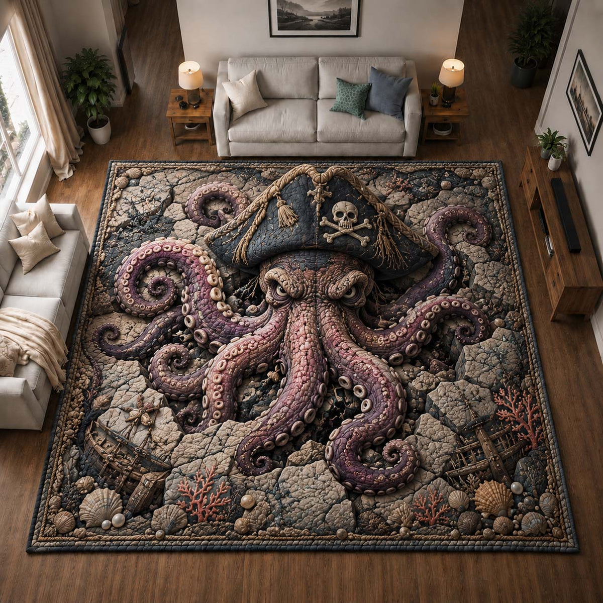 Pirate Kraken Reef area rug in a living room