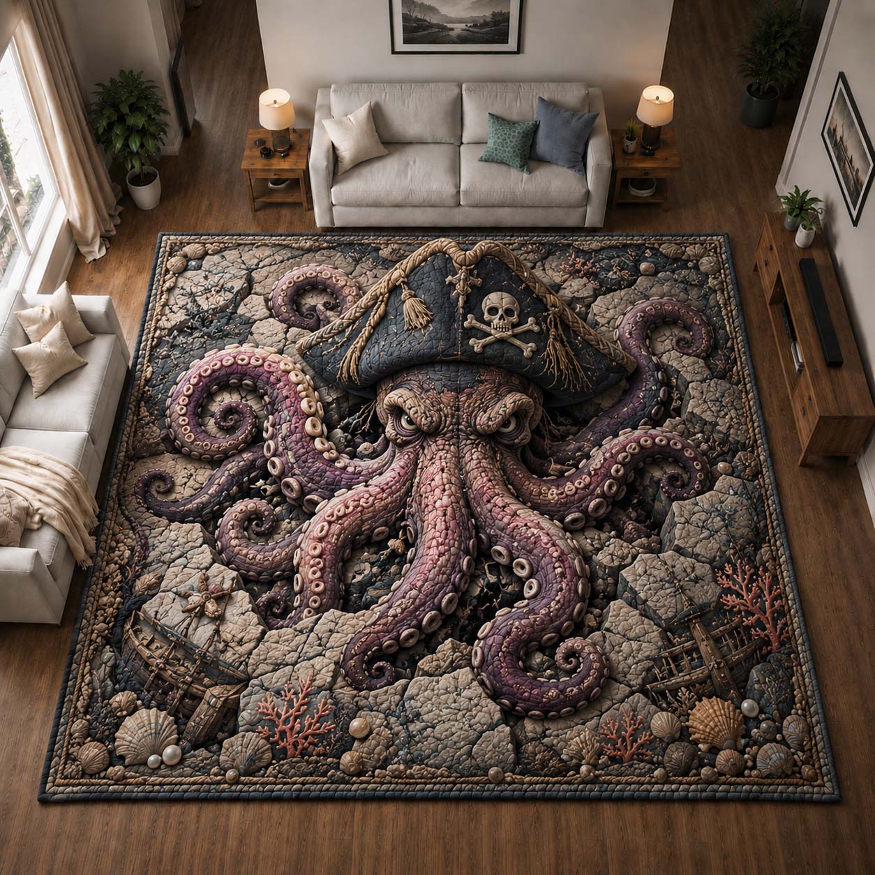Pirate Kraken Reef area rug in a living room