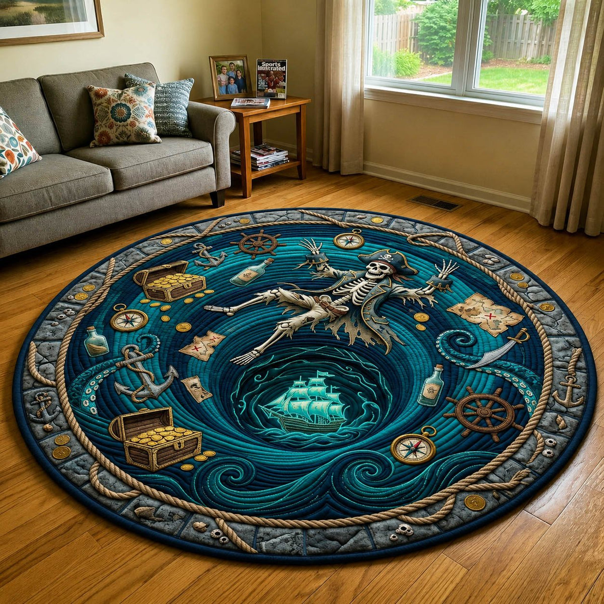 Pirate Skeleton Falling Halloween Round Mat Rug - washable non-slip printed rug