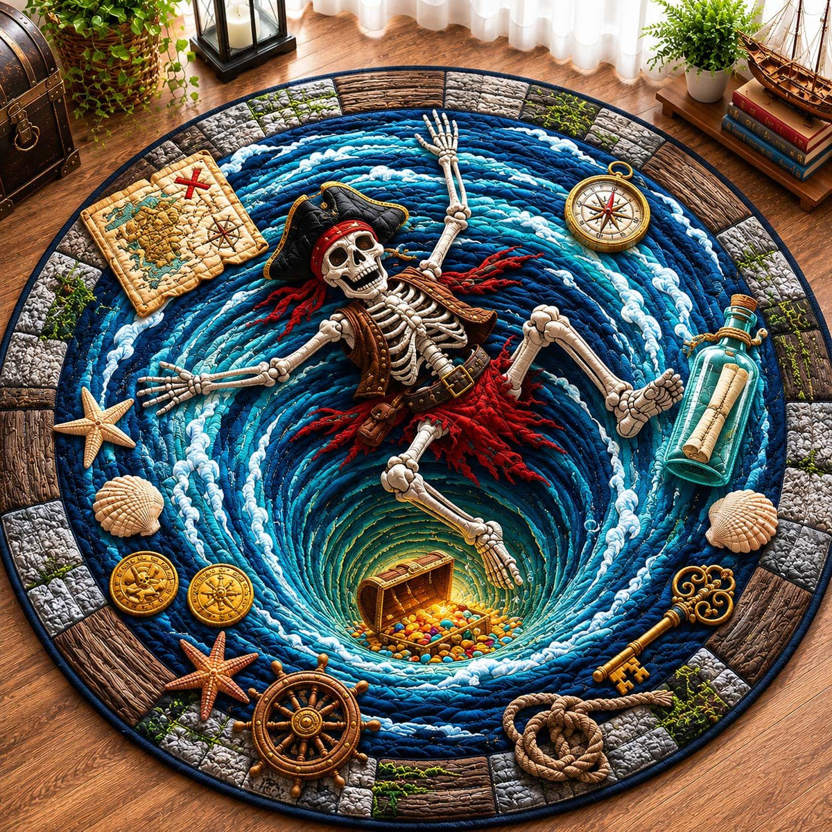 Pirate Whirlpool Curse Qulited Round Mat Round Mat Rug - washable non-slip printed rug