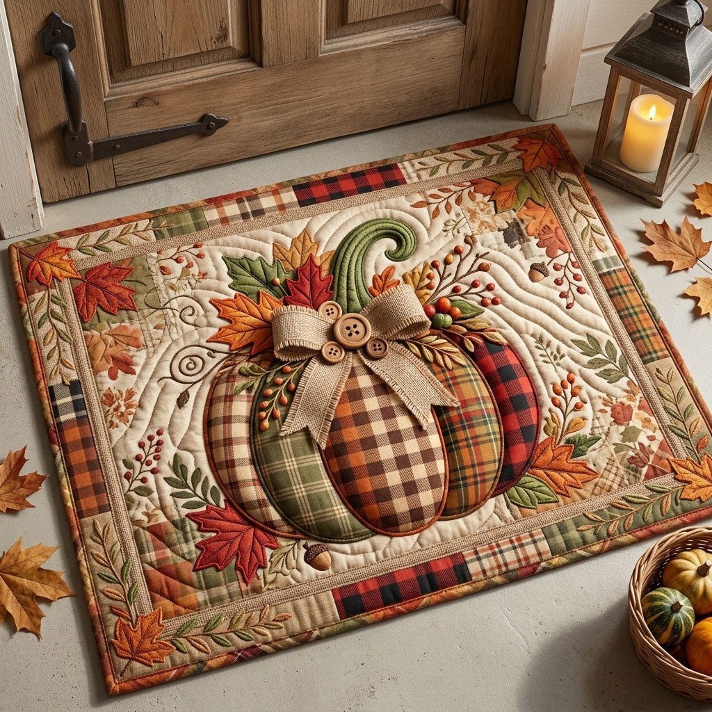Plaid Pumpkin Doormat - Seasonal Holiday Design | Printed Welcome Doormat