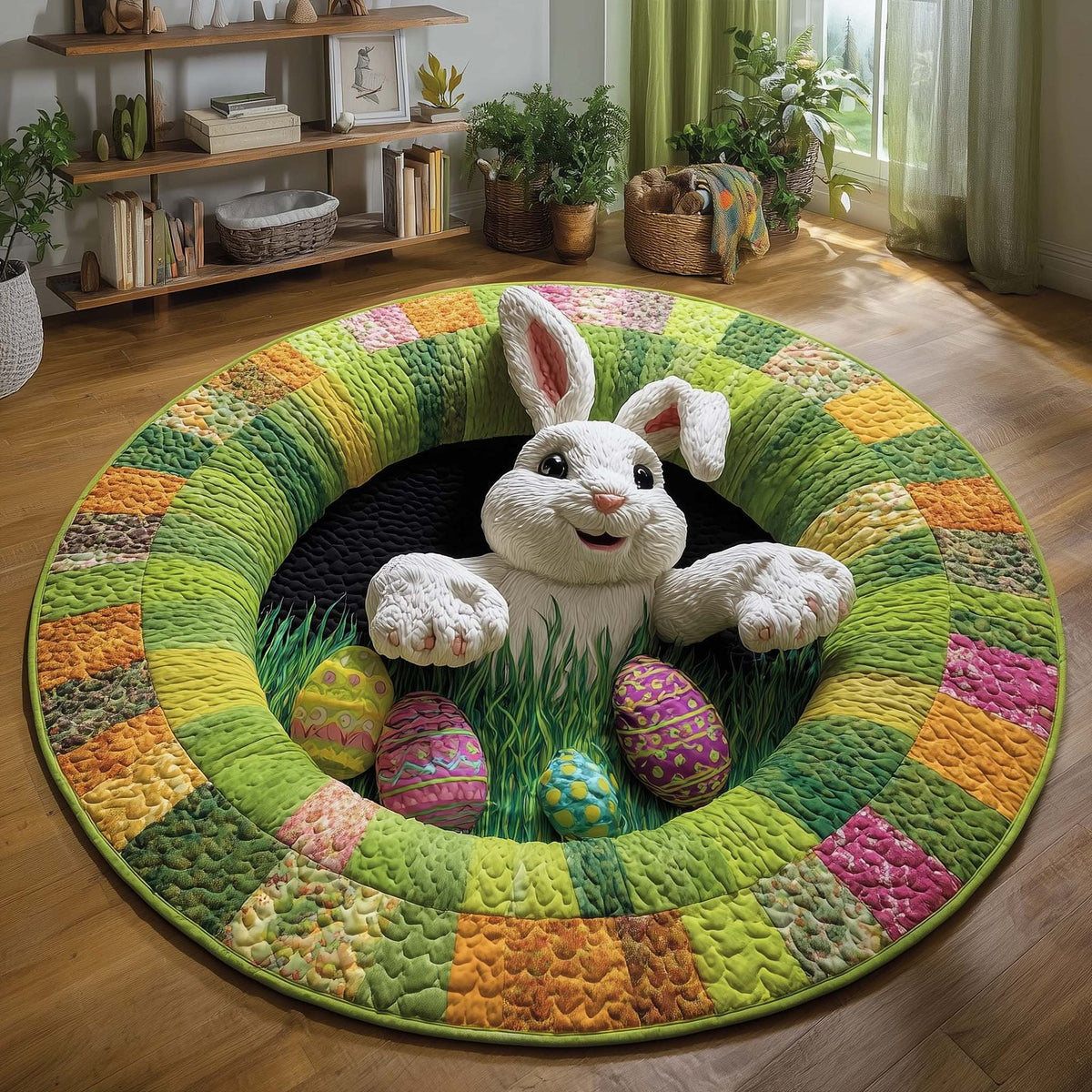 Playful Bunny Round Mat Rug - washable non-slip printed rug