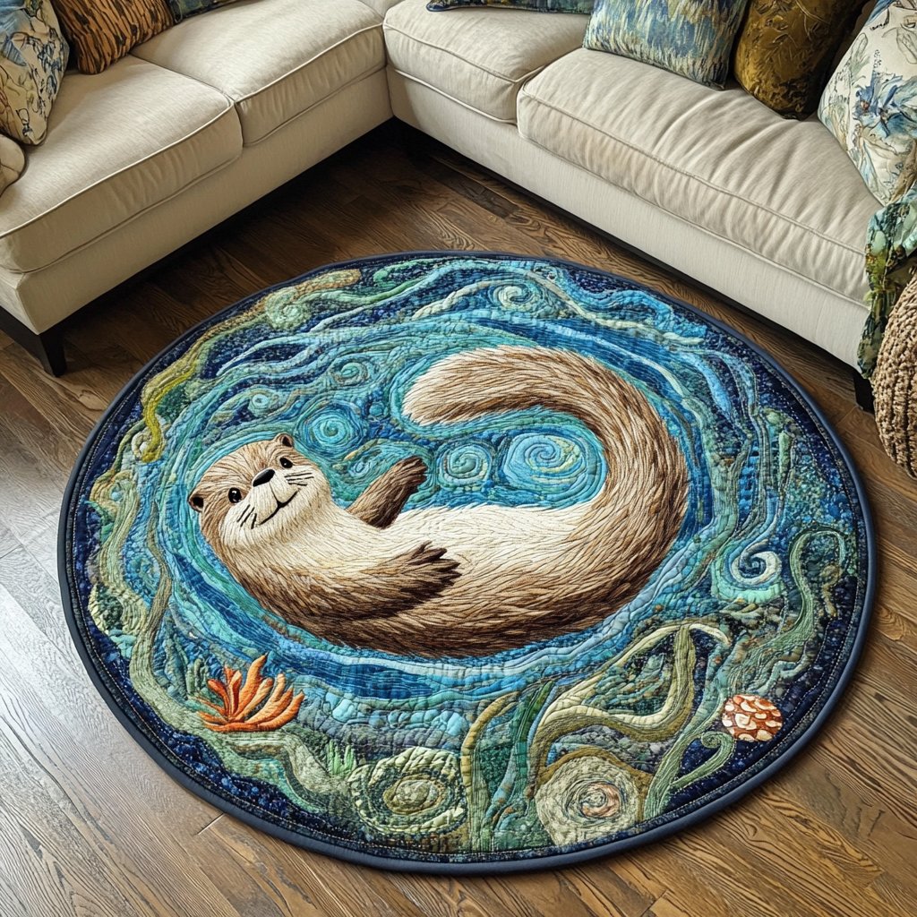 Playful Otter Round Mat Rug - washable non-slip printed rug