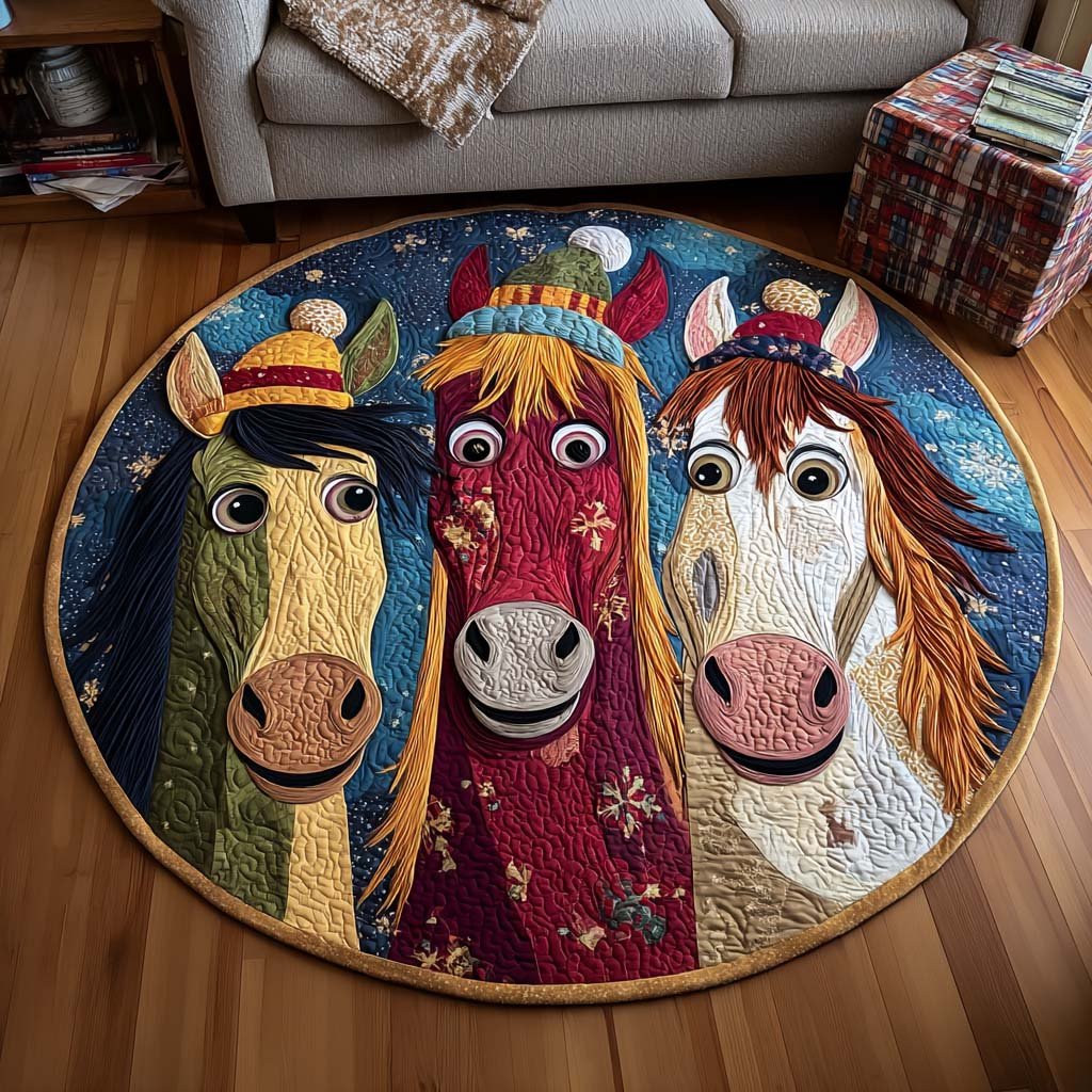 Playful Ponies Round Mat Rug - washable non-slip printed rug