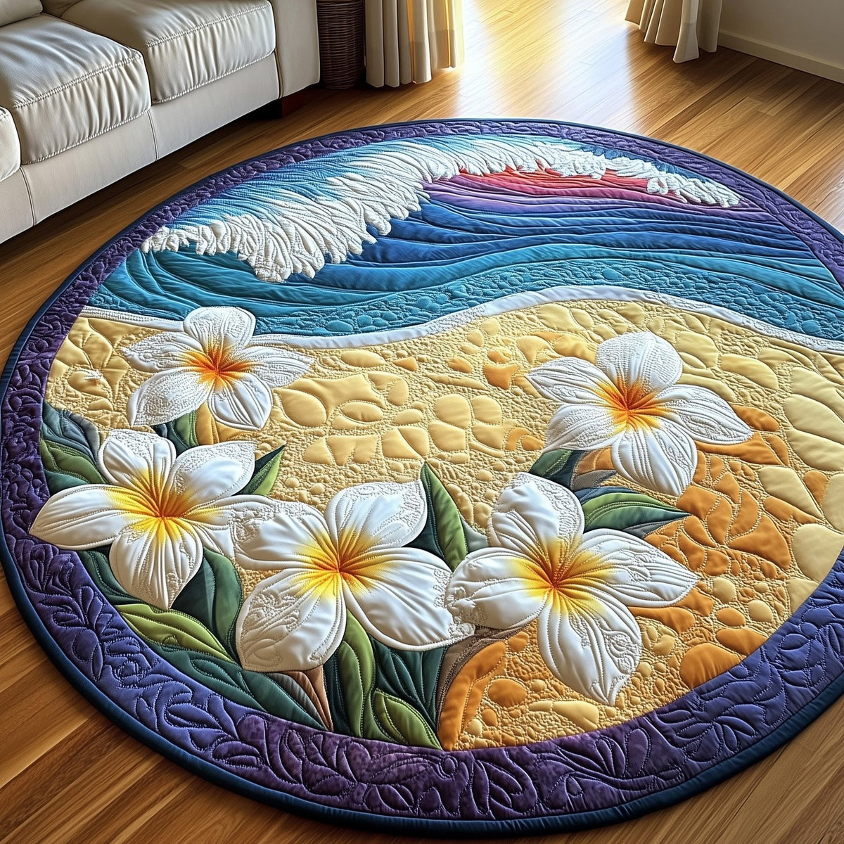 Plumeria Shoreline Round Mat Rug - washable non-slip printed rug