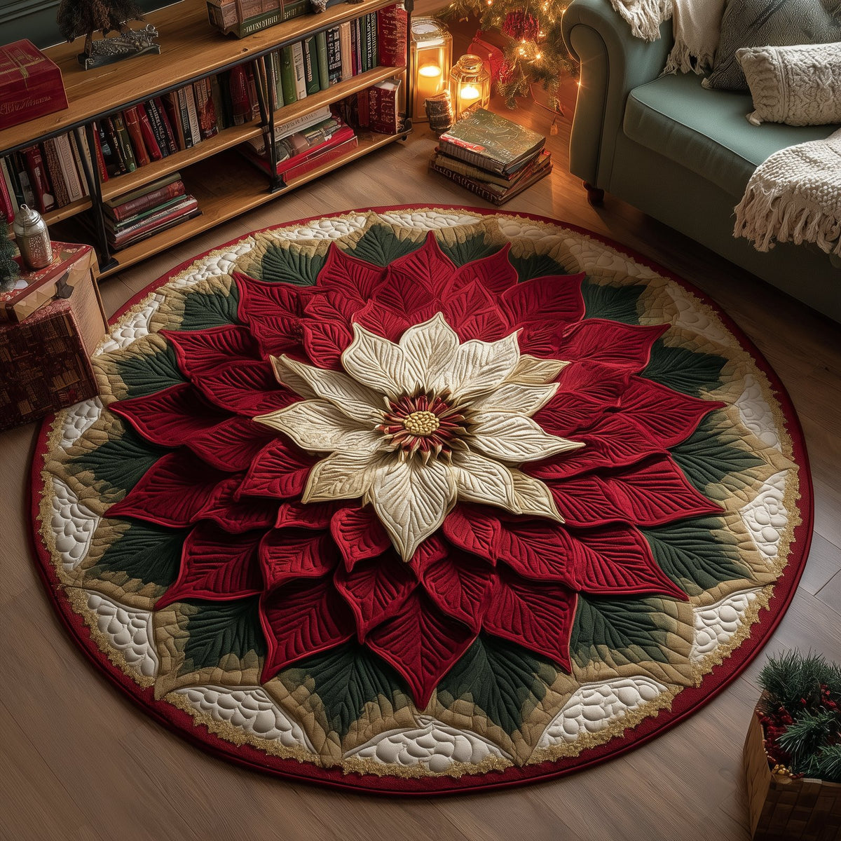 Poinsettia Bloom Round Mat Rug - washable non-slip printed rug