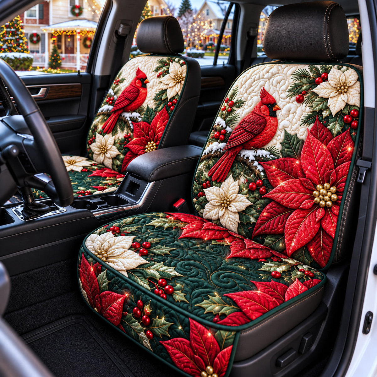 Poinsettia Cardinal quilted car seat protector