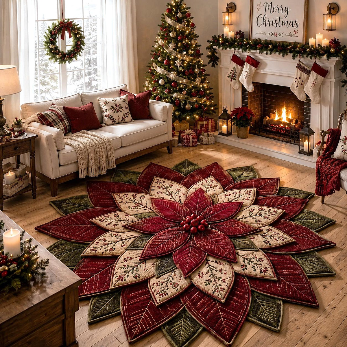 Poinsettia Elegance Custom Shape Area Rug - Nature Design | Nature Die-Cut Rug - washable non-slip printed rug