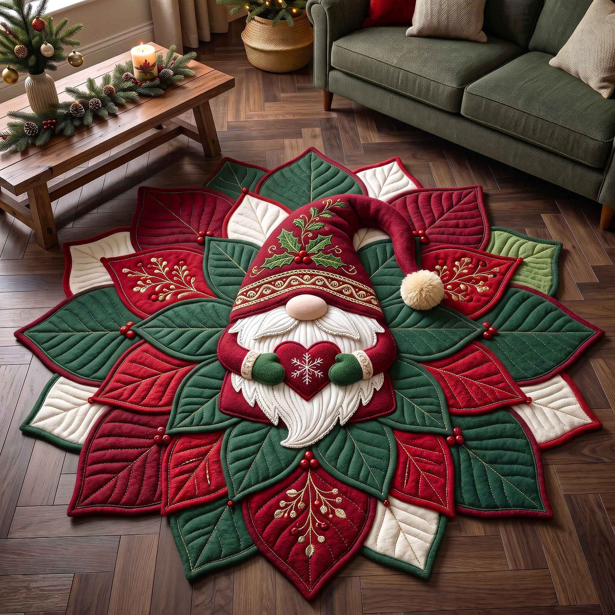 Poinsettia Elegance Custom Shape Area Rug - Nature Design | Nature Custom Shape Rug - washable non-slip printed rug