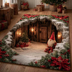 Poinsettia Gnome area rug in a living room