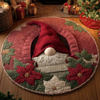 Poinsettia Gnome Round Mat Rug - washable non-slip printed rug