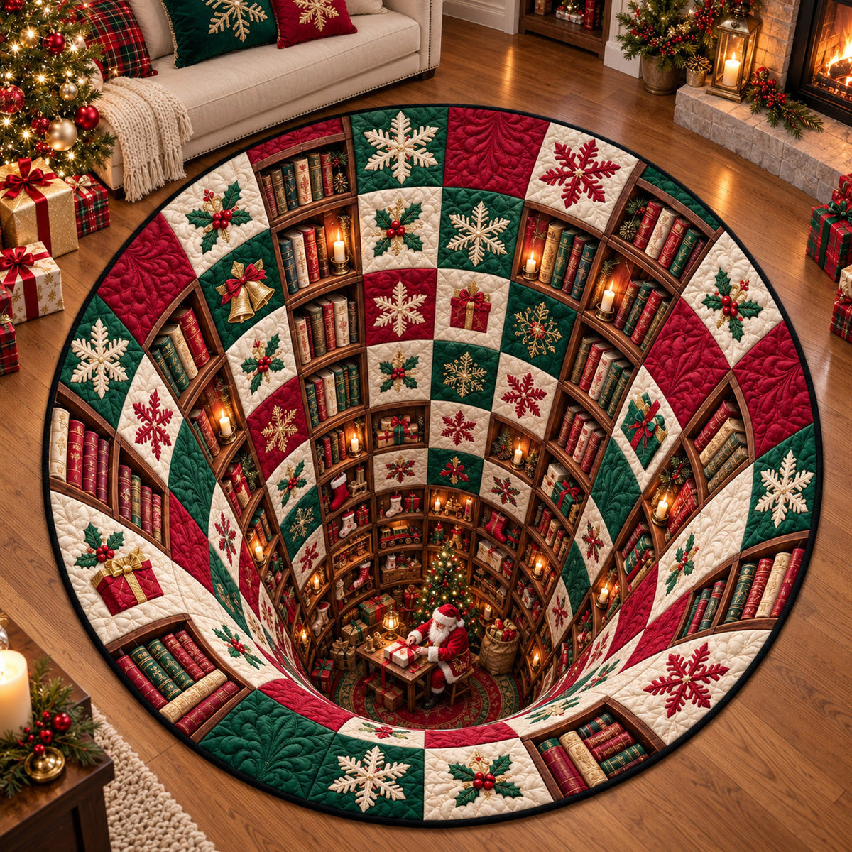 Poinsettia Library Vortex Round Mat Rug - Nature Design | Serene Home Decor - washable non-slip printed rug
