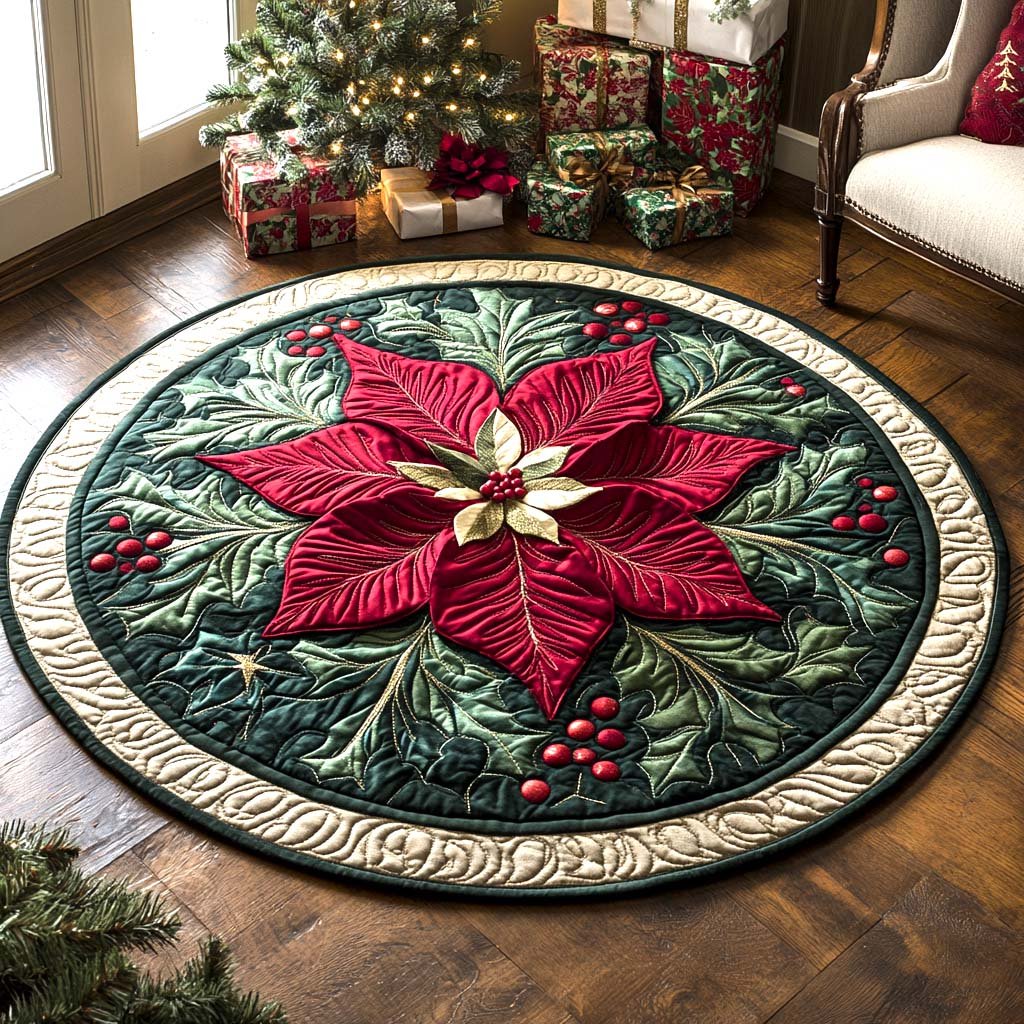 Poinsettia Radiance Round Mat Rug - washable non-slip printed rug