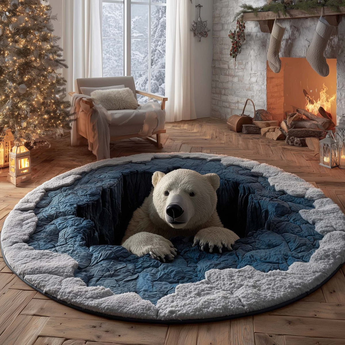 Polar Bear Round Mat Rug - washable non-slip printed rug