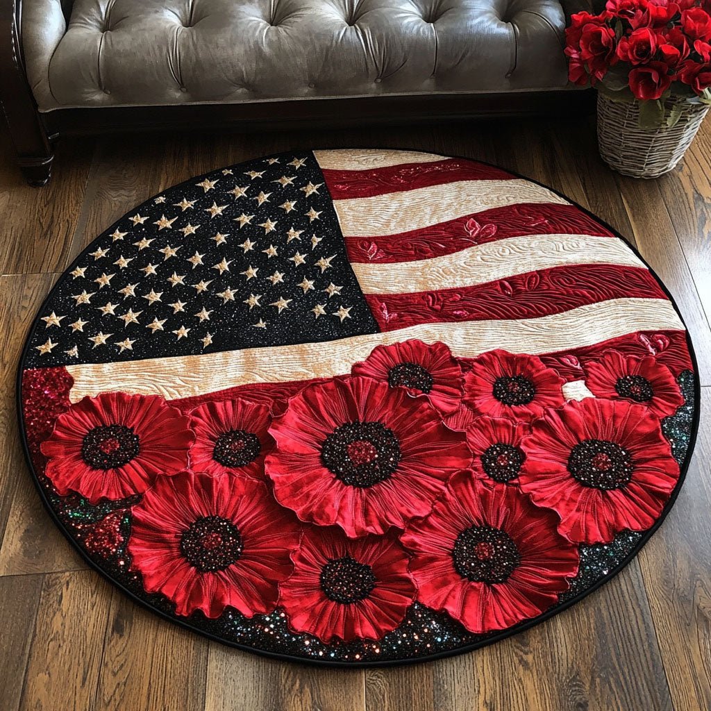 Poppies and Stars Round Mat Rug - washable non-slip printed rug